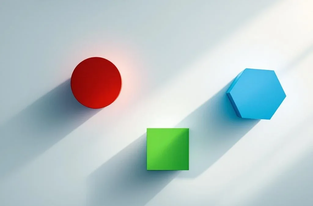 Vier gekleurde geometrische vormen bewegen naar het midden van een witte vergadertafel, symboliseert conflictoplossing