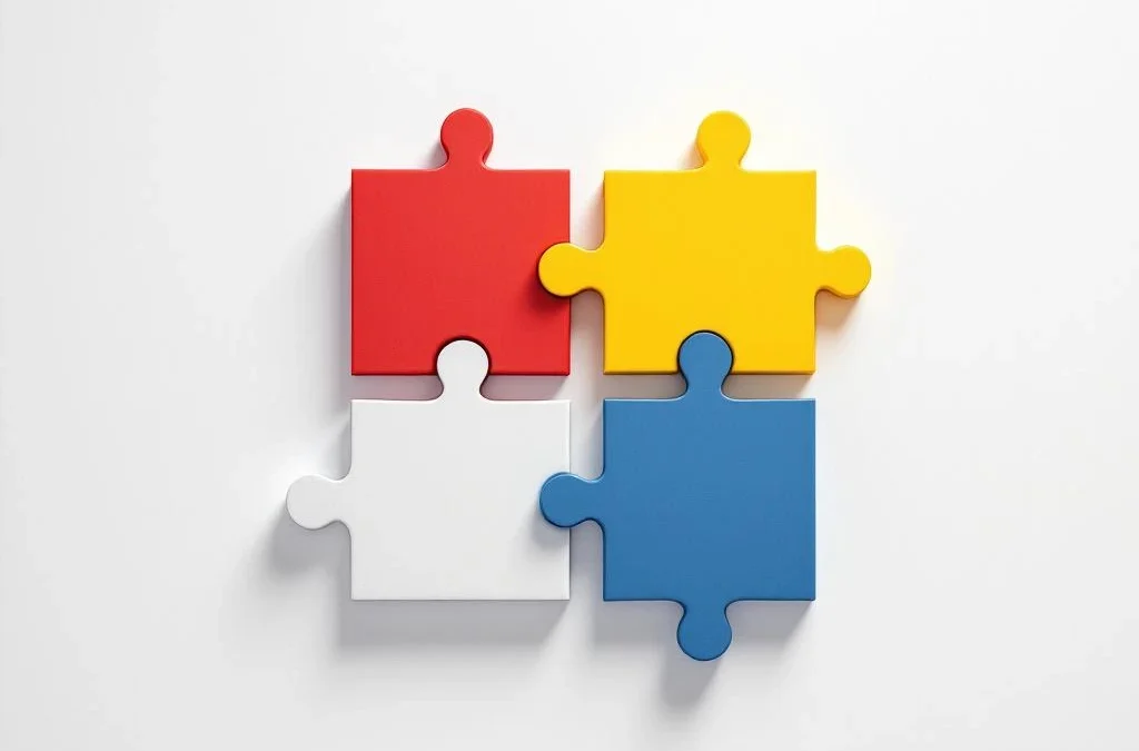 Vier kleurrijke puzzelstukken zweven boven wit oppervlak, symboliseren conflictoplossing en verbinding