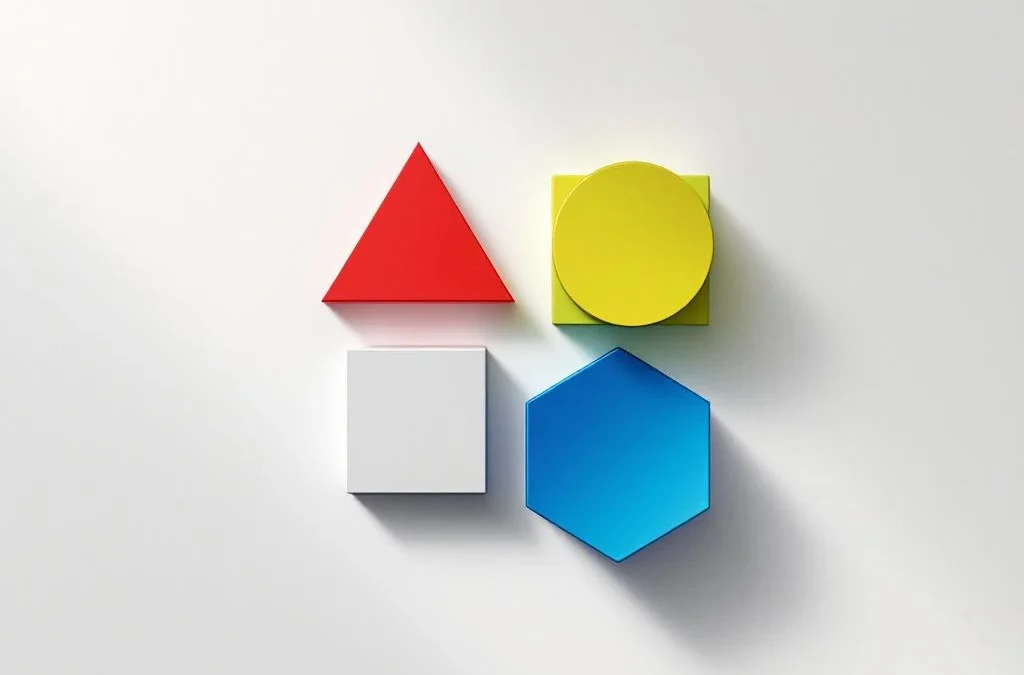 Vier geometrische vormen in rood, geel, groen en blauw gerangschikt in cirkelpatroon, elk symboliseert een conflicttype