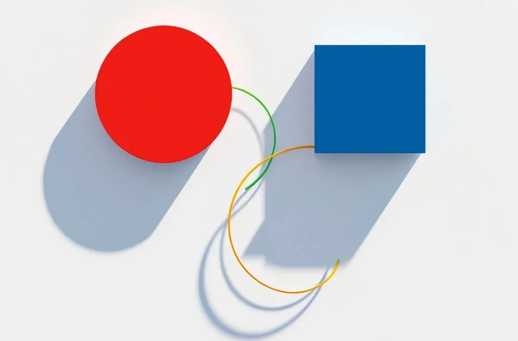 Luchtfoto van rode cirkel en blauwe vierkant verbonden door geel-groene gebogen lijn op witte achtergrond