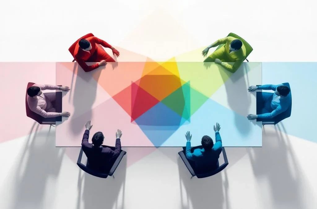 Vier abstracte figuren rond vergadertafel met gekleurde schaduwen die samenkomen, symboliseert conflictbemiddeling op werk