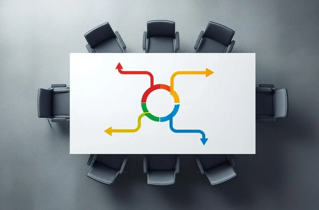 Vogelperspectief van witte vergadertafel met vijf gekleurde geometrische paden die samenkomen in het midden voor conflictoplossing.