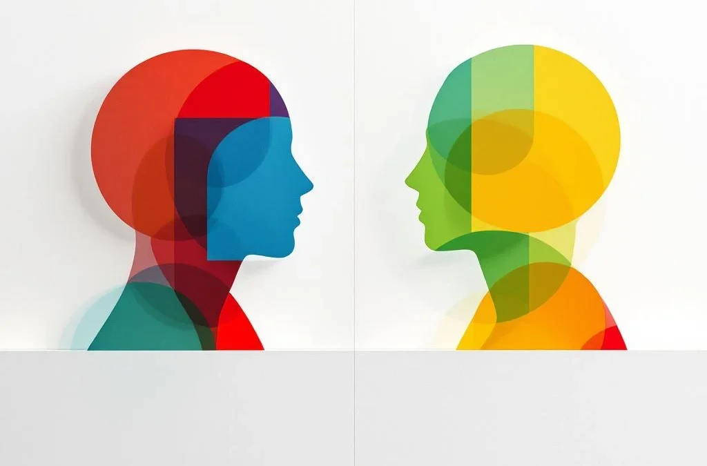 Twee abstracte menselijke silhouetten in rode, gele, groene en blauwe vormen, verbonden door geometrische bruggen op witte achtergrond