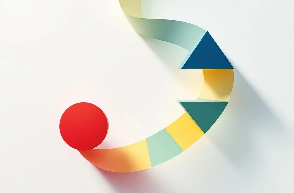 Rode cirkel en blauwe driehoek verbonden door geel-groen pad op witte achtergrond, bovenaanzicht