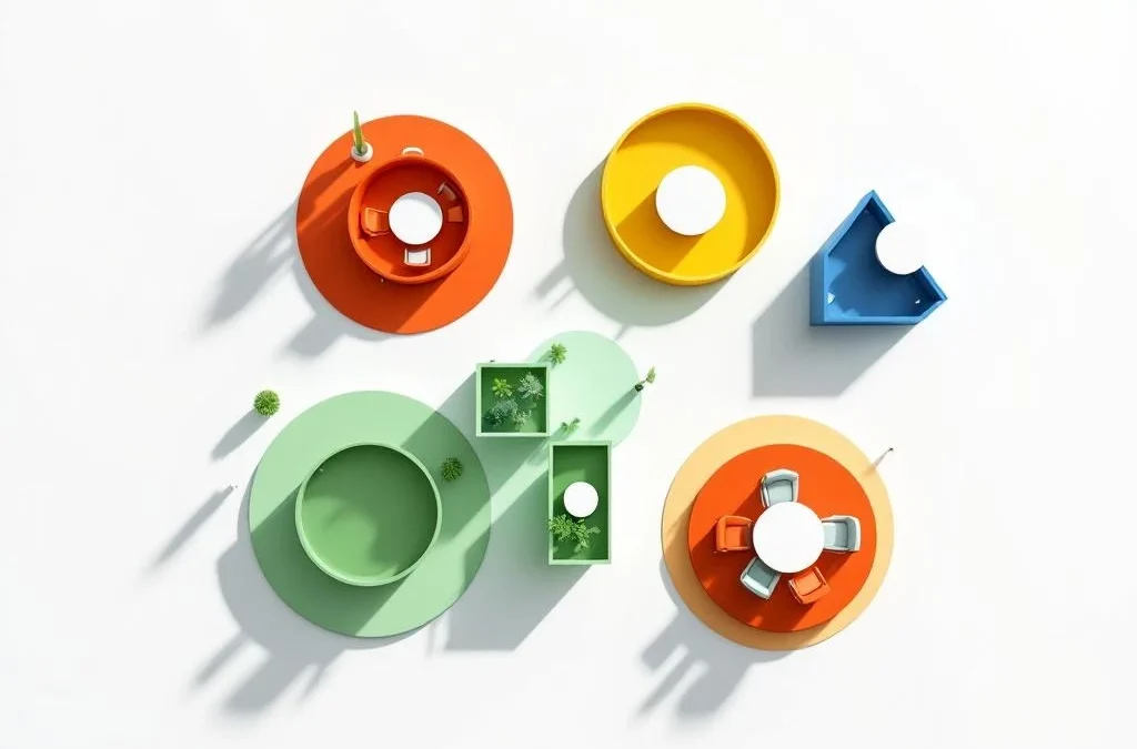 Bovenaanzicht van abstract kantoor met kleurrijke geometrische zones rond groen middelpunt op witte achtergrond