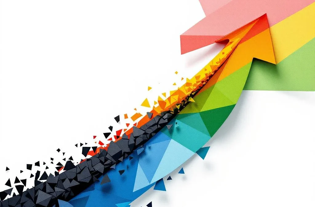 Pijl die omhoog stroomt door rode, gele, groene en blauwe lagen, transformerend van gefragmenteerd naar verenigd.