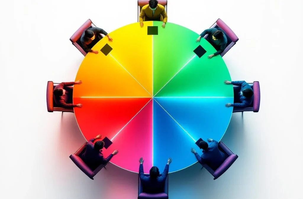 Bovenaanzicht van ronde vergadertafel met vier gekleurde kwadranten en geometrische teamfiguren verbonden door witte lijnen