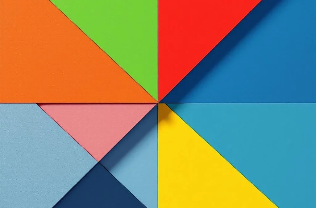 Abstract bovenaanzicht van bureau verdeeld in vier geometrische kwadranten in rood, geel, groen en blauw met overlappende vormen