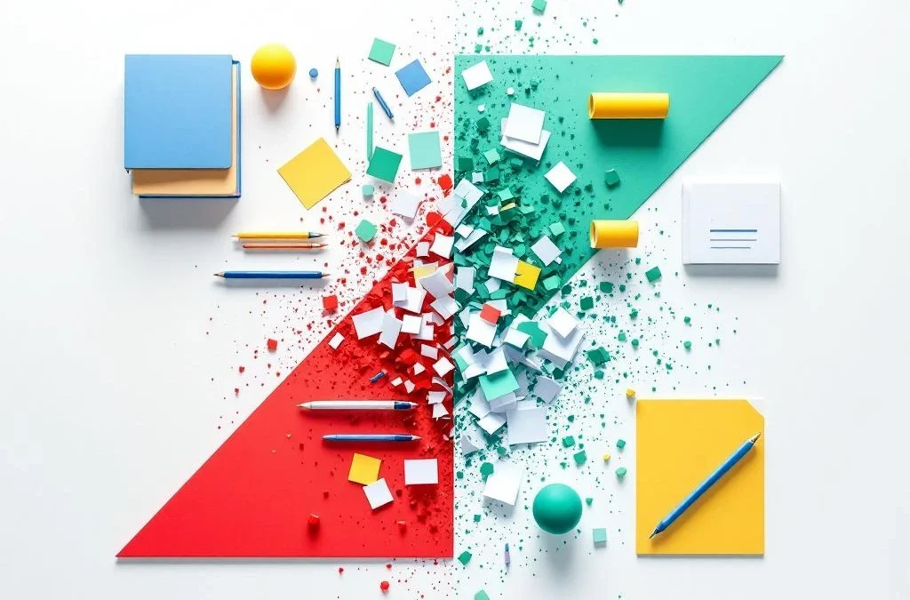 Bureau van bovenaf met contrasterende geometrische vormen in blauw, groen, rood en geel die werkplek harmonie en conflict symboliseren