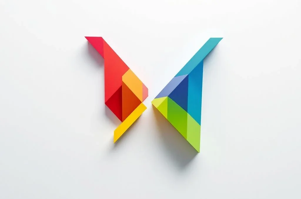 Twee contrasterende geometrische vormen in rood-geel en groen-blauw kruisen elkaar, symboliserend werkplekconflict.