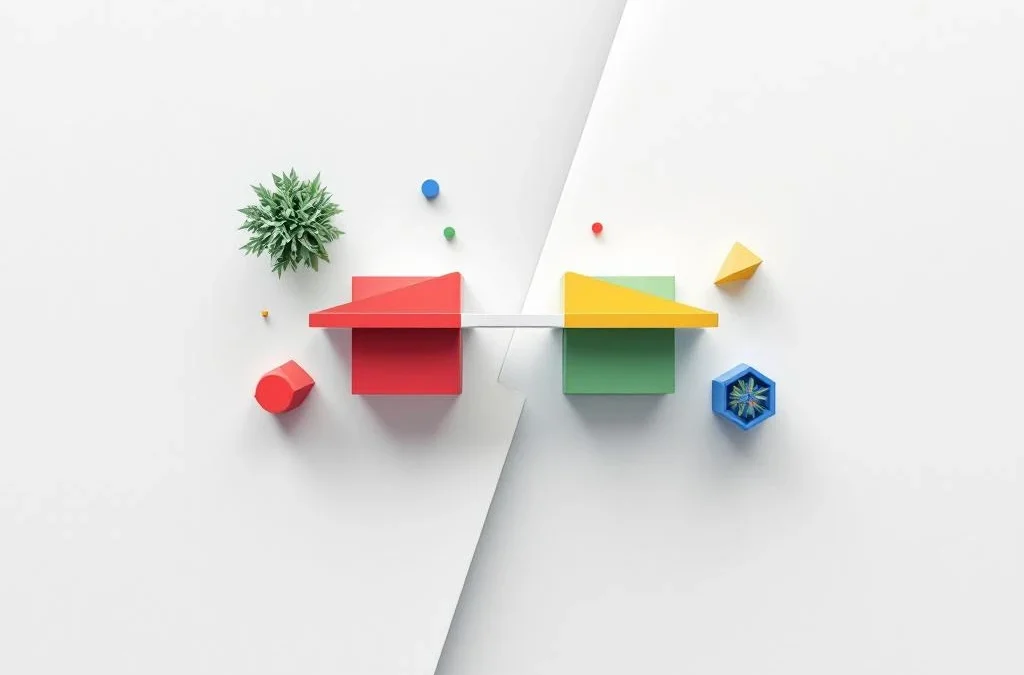 Bovenaanzicht van modern bureau met rode en gele objecten tegenover groene en blauwe, verbonden door brugelement in het midden.