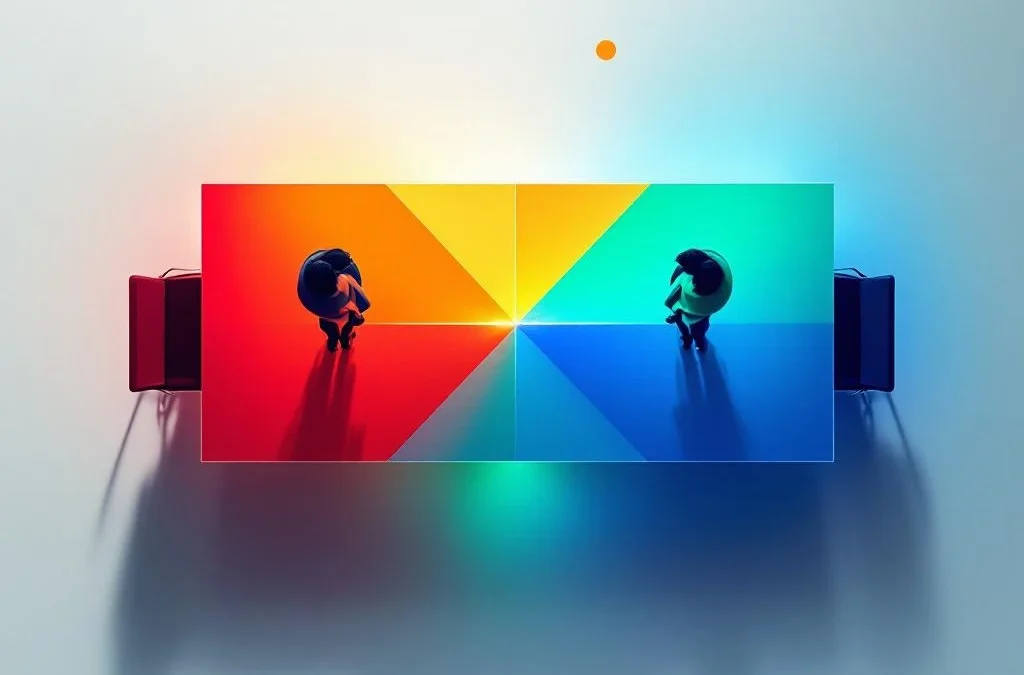 Moderne vergadertafel van bovenaf met vier gekleurde kwadranten en twee silhouetten in gesprek over conflictoplossing