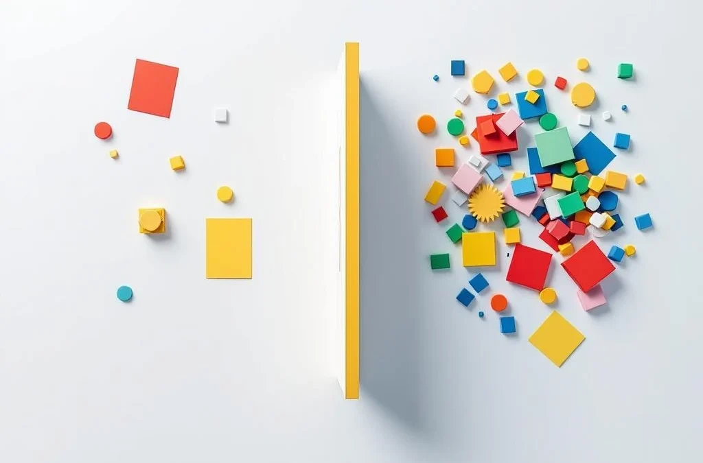 Bureauruimte van bovenaf met geordende rode en gele elementen tegenover verspreide groene en blauwe items, gescheiden door geometrische lijnen.