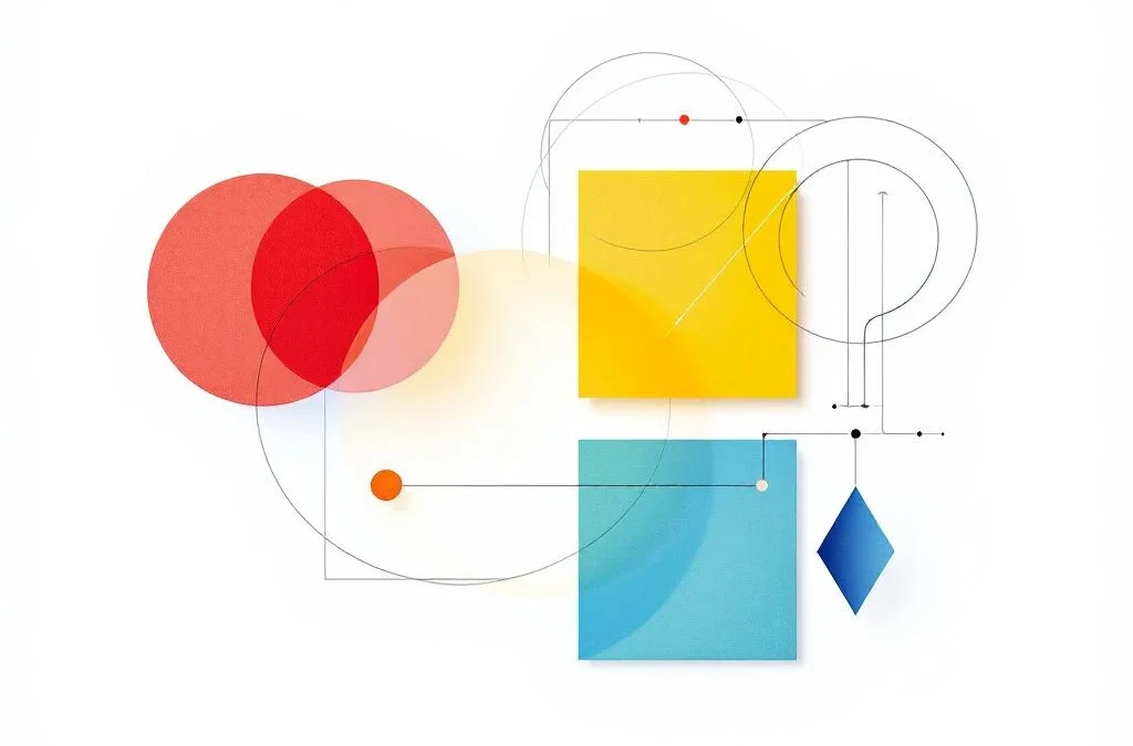 Vier geometrische vormen in raster met vraagtekensymbool voor professionele assessment methodologie