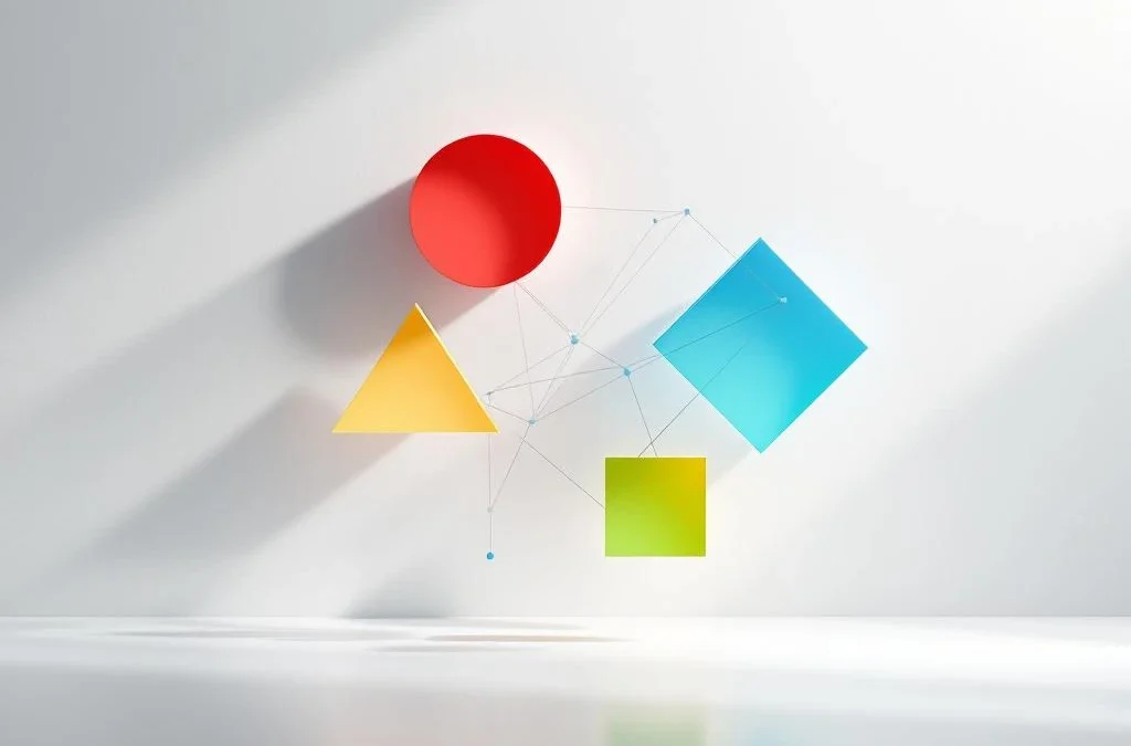 Vier geometrische vormen in symmetrische compositie met verbindingslijnen op witte achtergrond, minimalistisch design