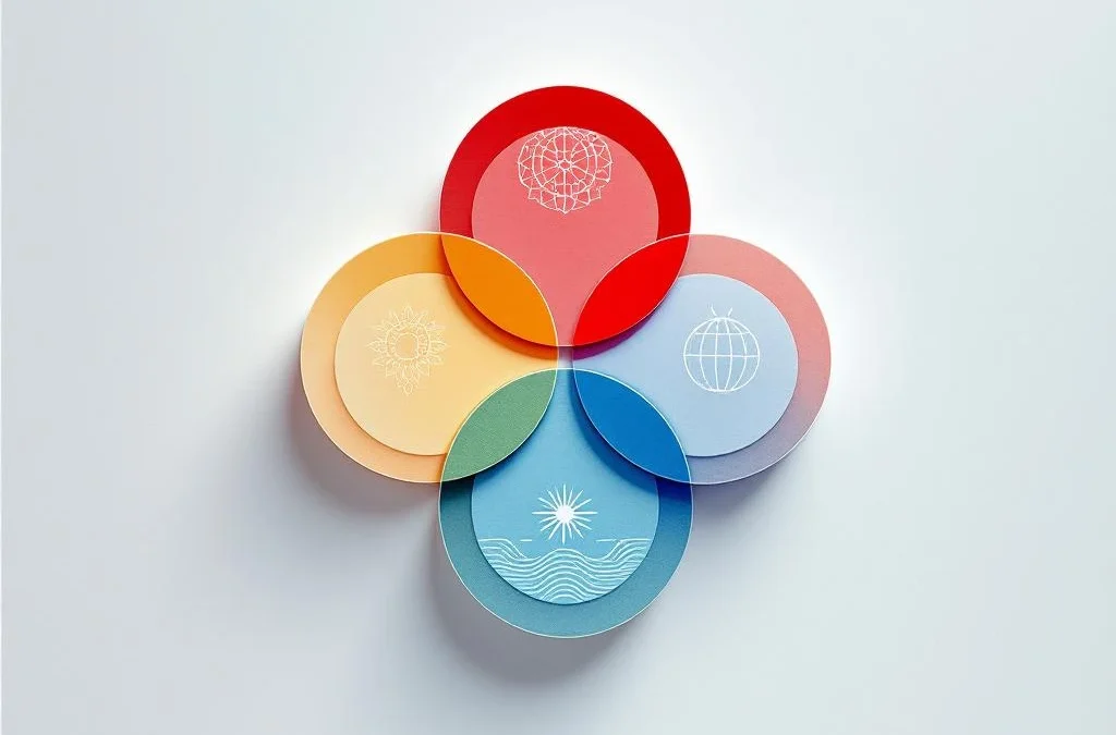 Vier onderling verbonden geometrische cirkels in rood, geel, groen en blauw met culturele symbolen op witte achtergrond