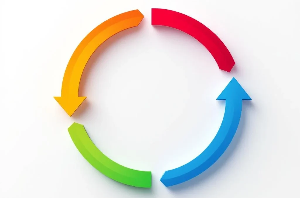 Circulair klokdiagram met vier gekleurde secties (rood, geel, groen, blauw) en rotatiepijlen voor cyclische timing.