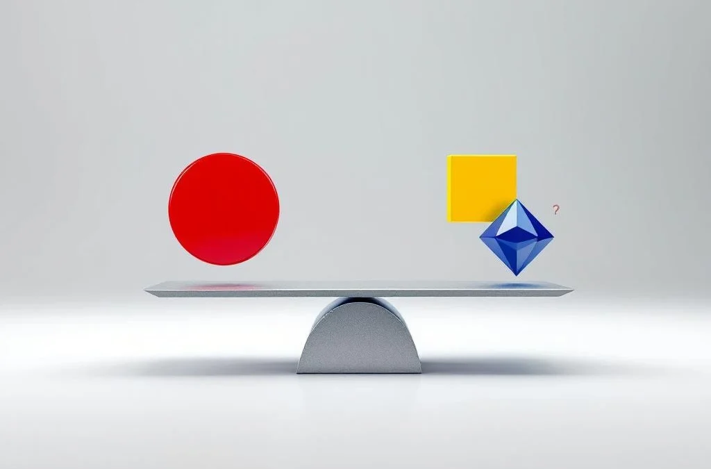 Gebalanceerde weegschaal met vier gekleurde geometrische vormen die DISC-assessment kwadranten vertegenwoordigen op witte achtergrond