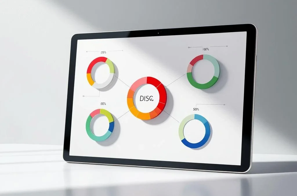 Tablet toont DISC-assessment interface met kleurgecodeerde voortgangsindicatoren in rood, geel, groen en blauw op witte achtergrond