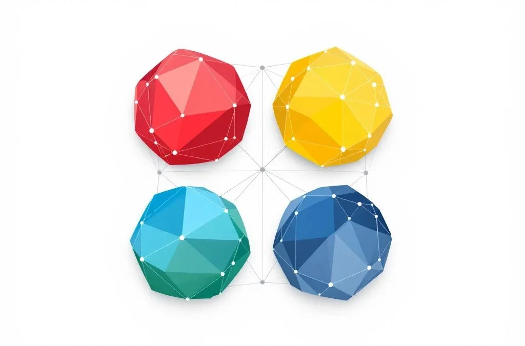 Vier geometrische DISC-cirkels in rood, geel, groen en blauw met verbindingslijnen op lichtgrijze achtergrond