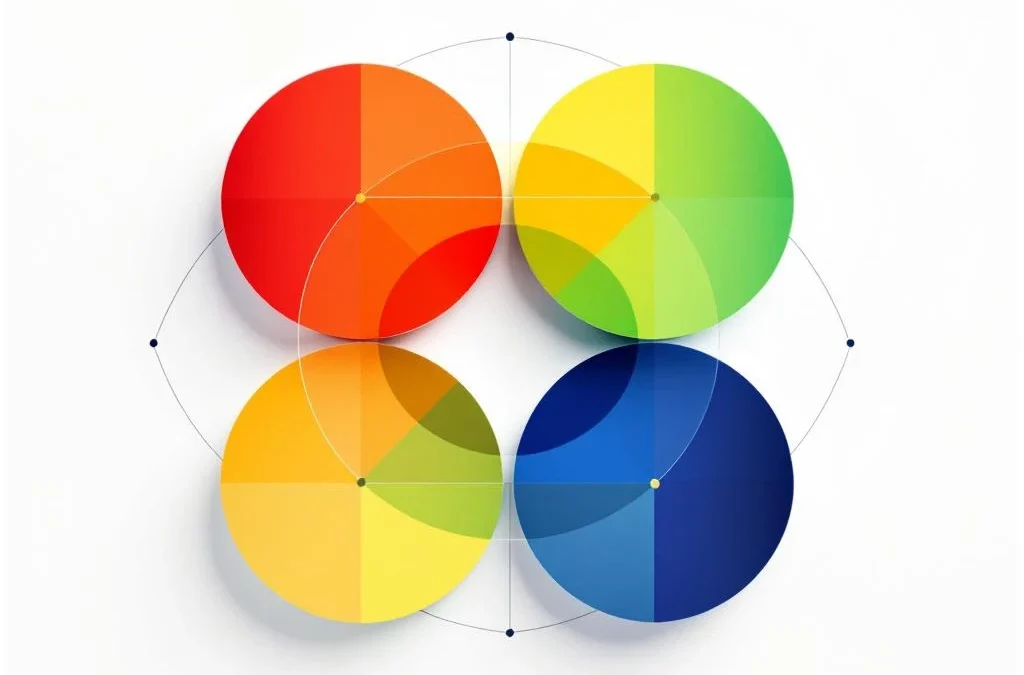 Vier geometrische cirkels in DISC-kleuren rood, geel, groen en blauw verbonden door lijnen op witte achtergrond