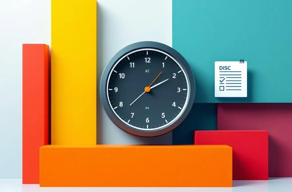 Moderne digitale klok met DISC-assessment formulier icoon op geometrische achtergrond in rood, geel, groen en blauw