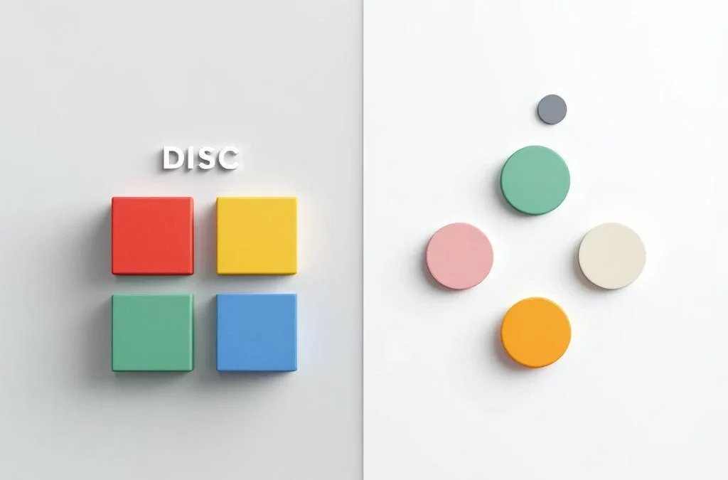 Splitscreen vergelijking van DISC en Big Five persoonlijkheidstests met gekleurde geometrische vormen op grijze achtergrond