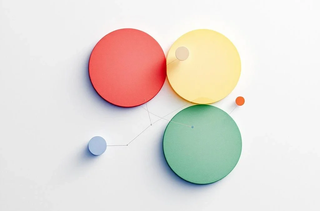 Vier onderling verbonden geometrische cirkels in DISC-kleuren rood, geel, groen en blauw met communicatiesymbolen op witte achtergrond