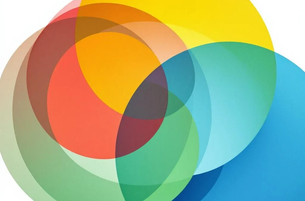 Vier onderling verbonden geometrische cirkels in DISC-kleuren rood, geel, groen en blauw op witte achtergrond