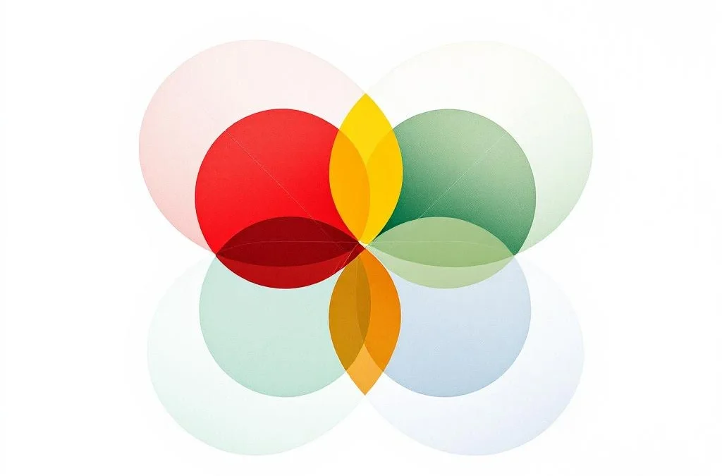 Vier onderling verbonden geometrische cirkels in DISC-kleuren rood, geel, groen en blauw met werkstroomverbindingen