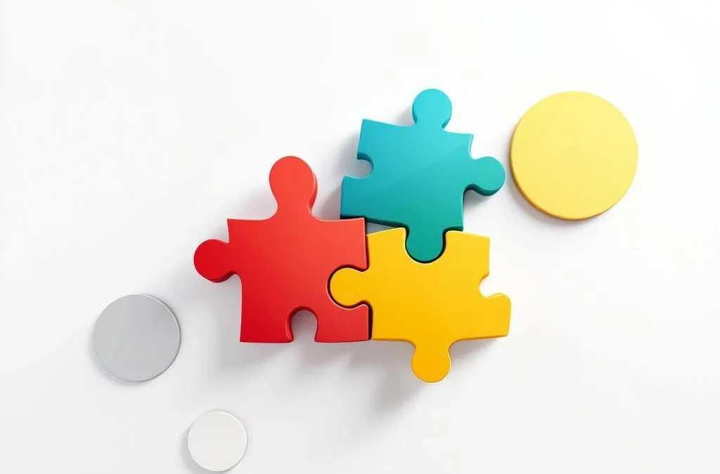 Vier kleurrijke puzzelstukken in rood, geel, groen en blauw die DISC-persoonlijkheidstypes vertegenwoordigen op witte achtergrond