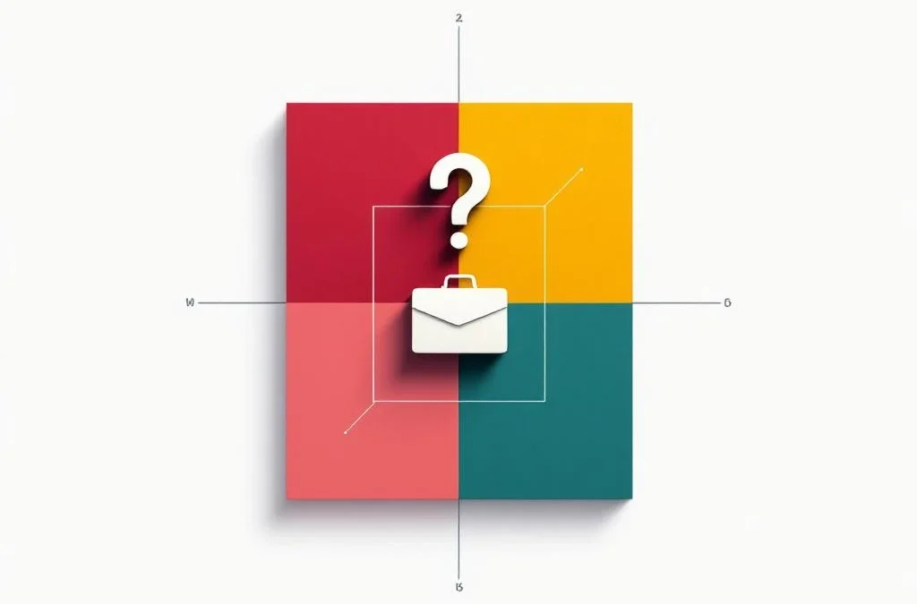DISC persoonlijkheidstest diagram met vier gekleurde kwadranten, vraagteken en aktetas icoon voor recruitment assessment