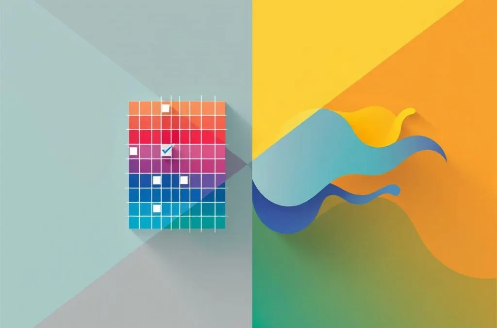 Geometrische compositie met rood-blauw rasterpatroon en geel-groene organische vormen, gescheiden door diagonale lijn