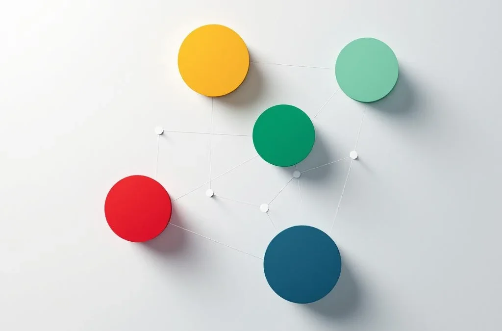 Vier onderling verbonden geometrische cirkels in rood, geel, groen en blauw die DISC-persoonlijkheidstypes vertegenwoordigen