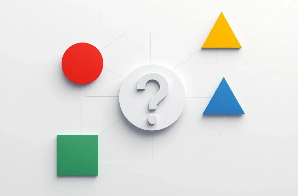 Vraagtekenlogo omringd door vier geometrische vormen in DISC-kleuren: rode cirkel, gele driehoek, groene vierkant, blauwe ruit