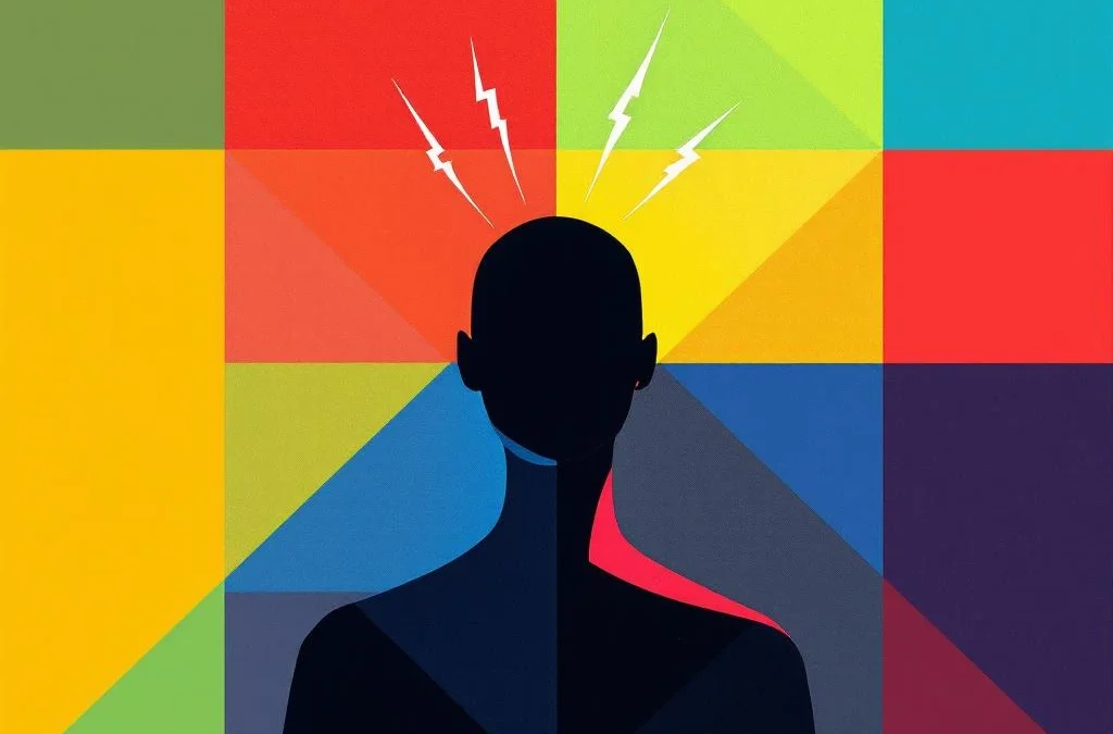 Abstracte menselijke silhouet omringd door vier geometrische DISC-kwadranten in rood, geel, groen en blauw met stress-visualisatie