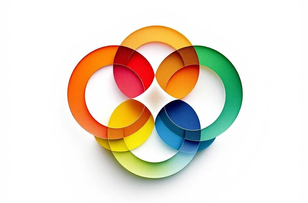 Vier geometrische cirkels in DISC-kleuren rood, geel, groen en blauw, verbonden door lijnen in diamantvorm op witte achtergrond