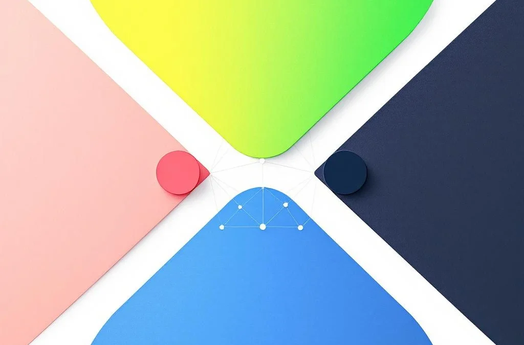 Vier gekleurde cirkels in diamantvorm met verbindingslijnen die DISC-persoonlijkheidstest vertegenwoordigen