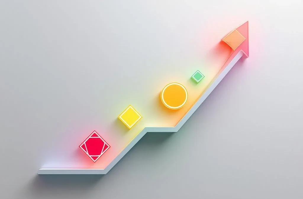 Vier geometrische vormen in DISC-kleuren (rood, geel, groen, blauw) gerangschikt in spiraalpatroon voor carrièregroei