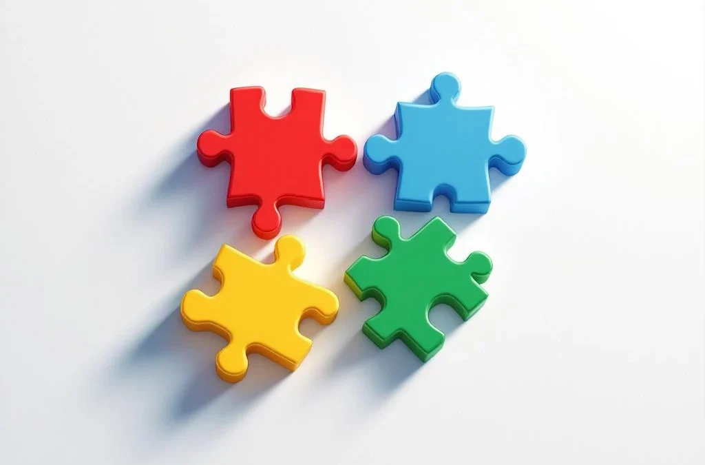 Vier kleurrijke geometrische puzzelstukjes in rood, geel, groen en blauw die teamdynamiek en samenwerking symboliseren