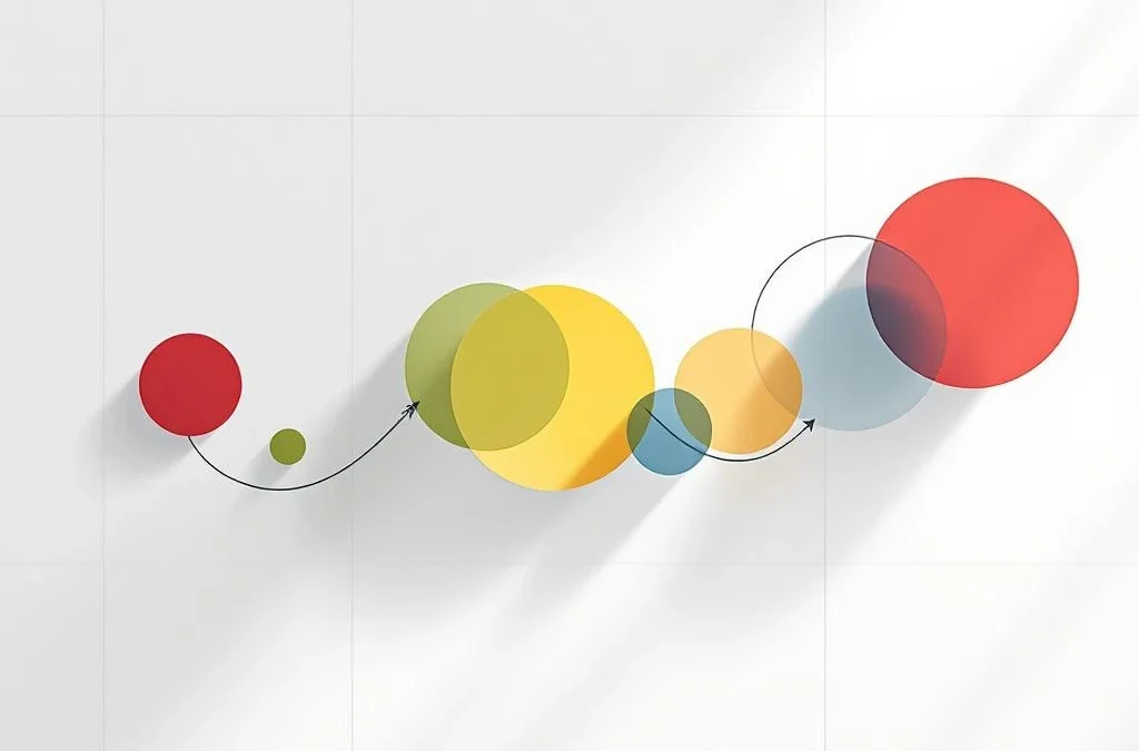 Vier onderling verbonden geometrische cirkels in rood, geel, groen en blauw die geleidelijk transformeren van gevuld naar omlijnd.