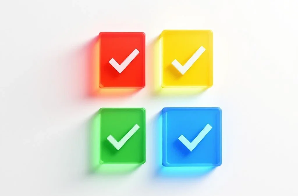 Vier kleurrijke geometrische enquêteformulieren in raster met vinkjes, één uitgelicht, op witte achtergrond