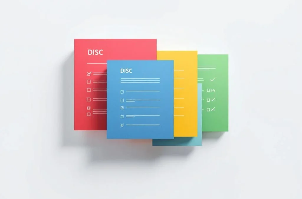 Vier overlappende DISC-assessmentformulieren in rood, geel, groen en blauw op witte achtergrond met schaduwen