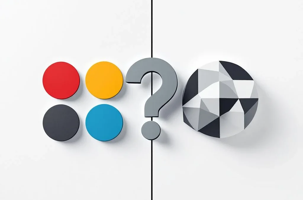 Geometrische compositie met DISC-kleurencirkels links en Myers-Briggs lettervormen rechts, gescheiden door diagonale lijn