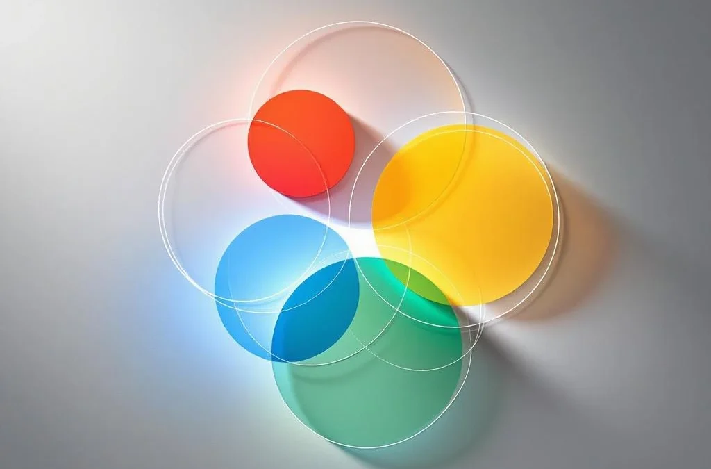 Vier onderling verbonden geometrische cirkels in rood, geel, groen en blauw, gerangschikt in diamantvorm op lichtgrijze achtergrond