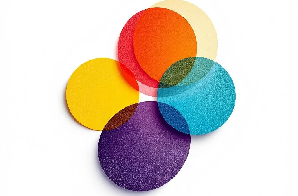 Vier verbonden geometrische cirkels in rood, geel, groen en blauw met abstracte patronen voor persoonlijkheidsanalyse