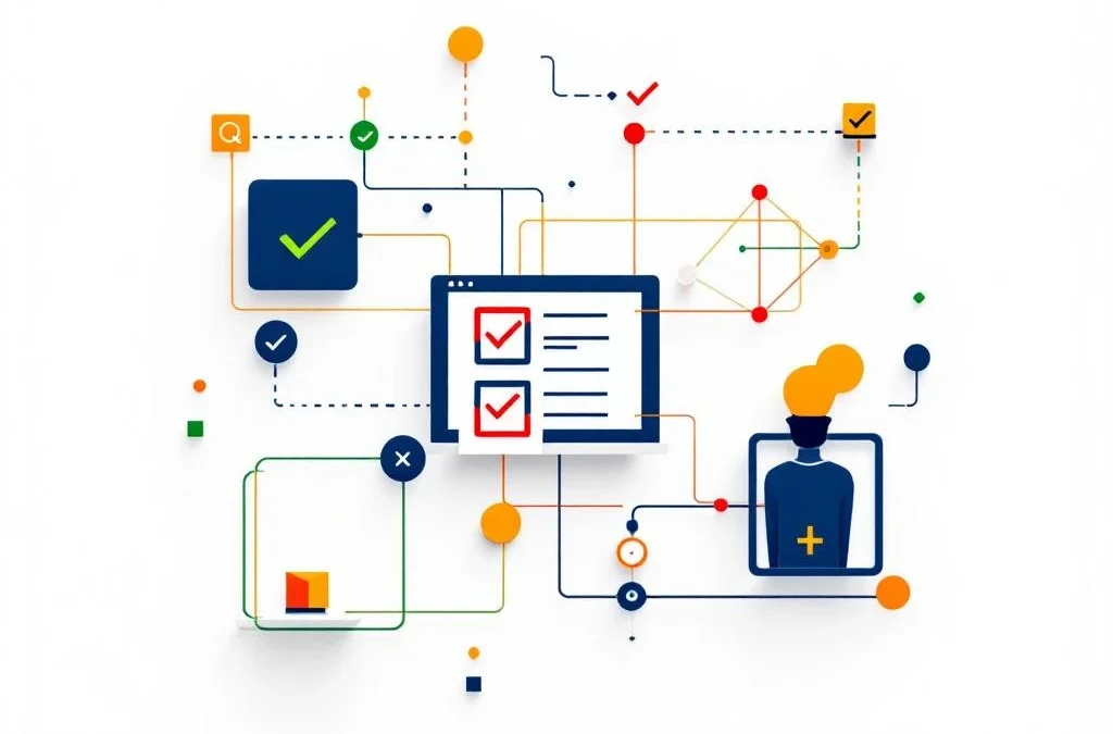 Minimalistische geometrische validatieraster met rode vinkjes, gele lijnen en blauwe kaders op witte achtergrond