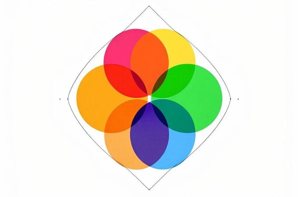 Vier gekleurde geometrische cirkels in rood, geel, groen en blauw vormen een diamantpatroon op witte achtergrond