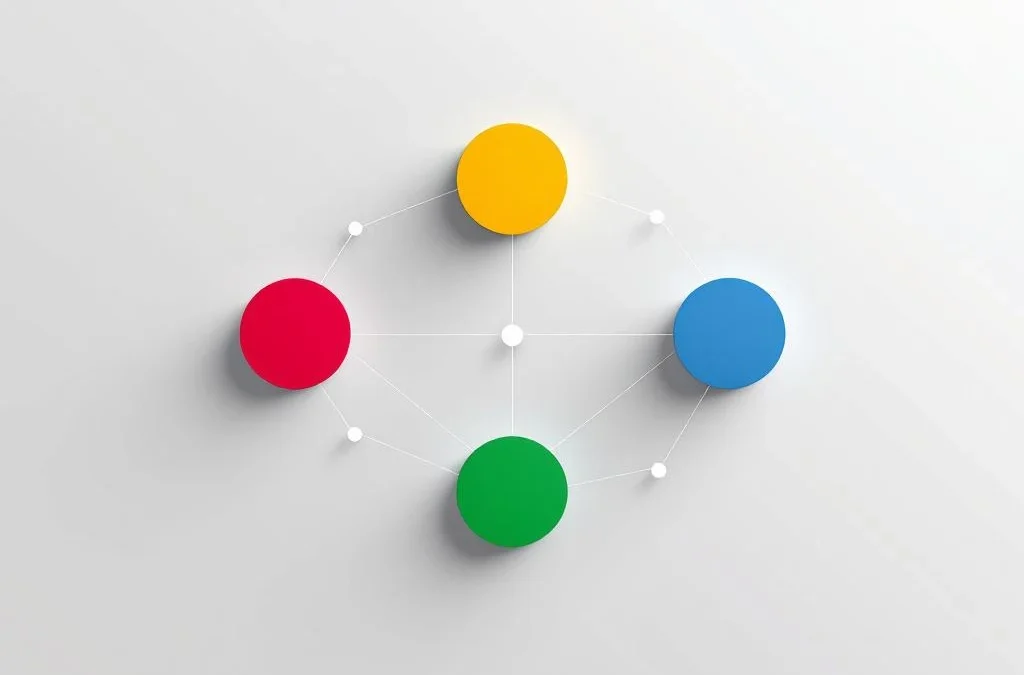 Vier onderling verbonden geometrische cirkels in diamantpatroon met Q4 merkkleuren rood, geel, groen en blauw op grijze achtergrond