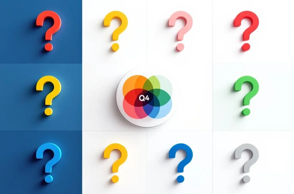 Geometrische vraagtekens in rood, geel, groen en blauw gerangschikt in een raster met centrale cirkel op witte achtergrond.